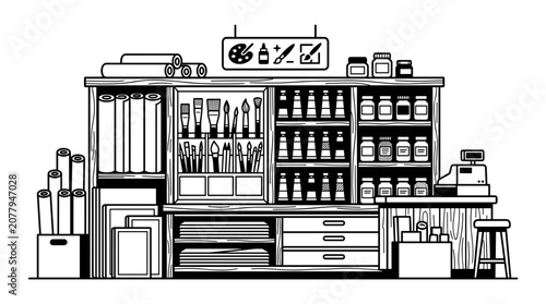 Art Supply Store Interior Display Shelving with Brushes and Paints.