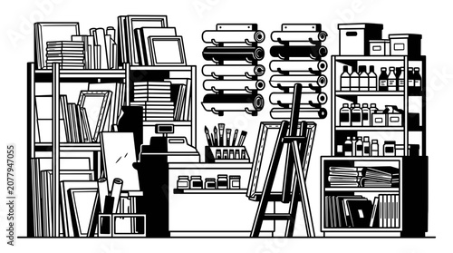 Art Supply Store Interior with Shelves and Easel.