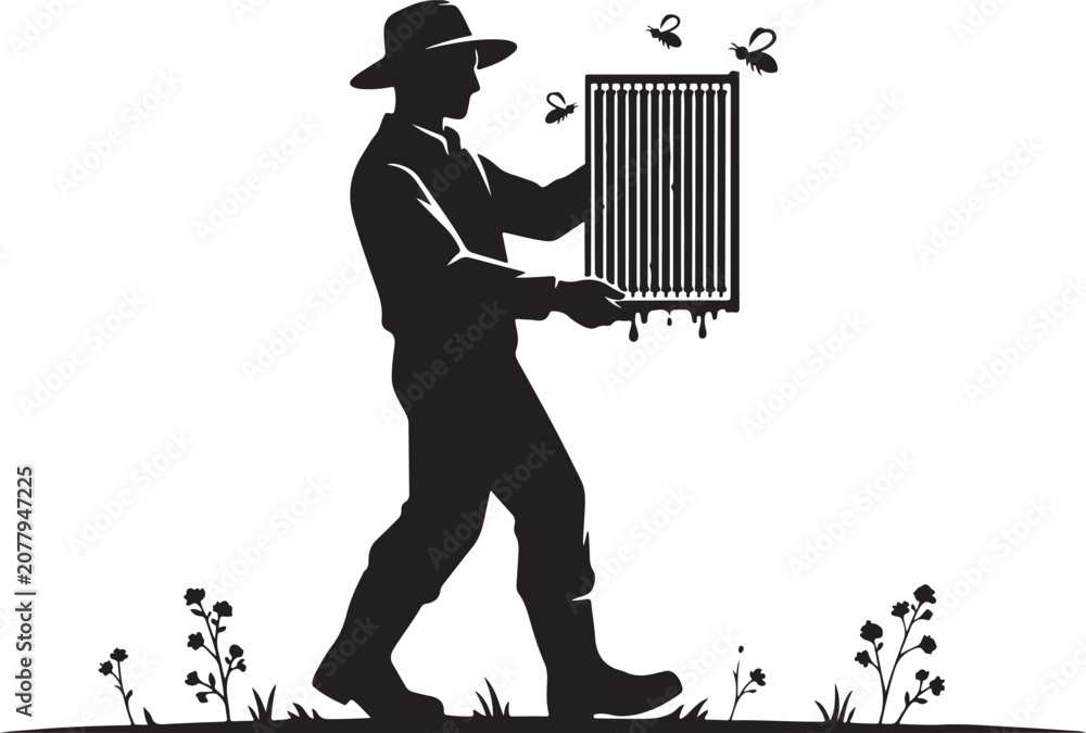 Obraz premium Beekeeper in silhouette, carrying honeycomb frame with bees