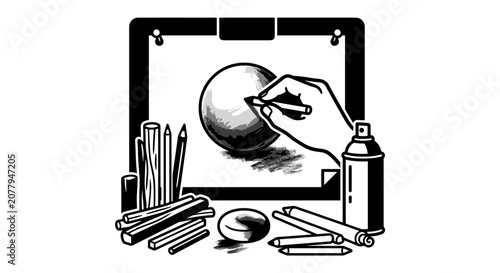 Artist hand drawing sphere on paper with art supplies.