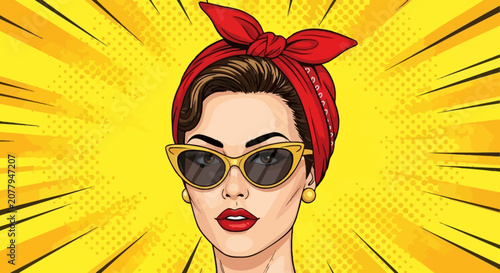 Photos Stylish pin-up pop art woman wearing a red headscarf and sunglasses with a confident look on a vibrant radial background