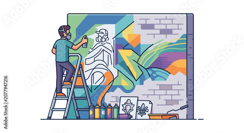 Artist painting a vibrant mural on a brick wall with spray paint.