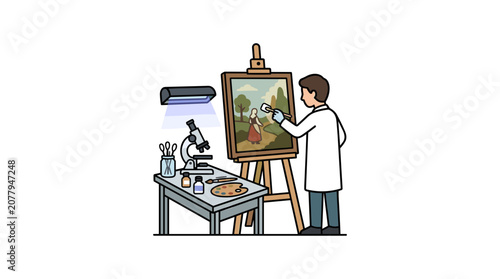 Artist painting landscape on easel with microscope and supplies.