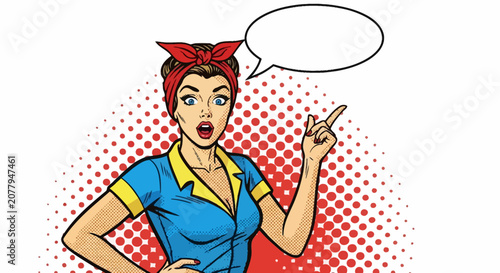 Cuadro en lienzo Assertive Pop Art Woman with Red Bandana Pointing and Empty Speech Bubble