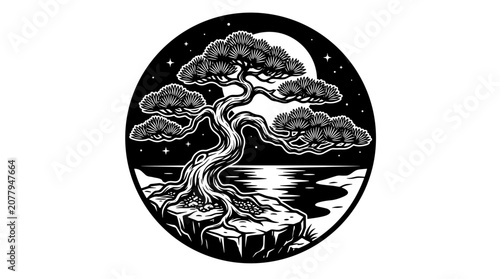 Artistic Bonsai Tree Under Moonlit Sky.