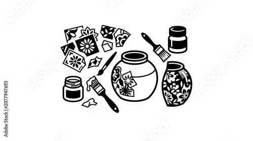 Artistic creation of decorative ceramic pots and tiles.