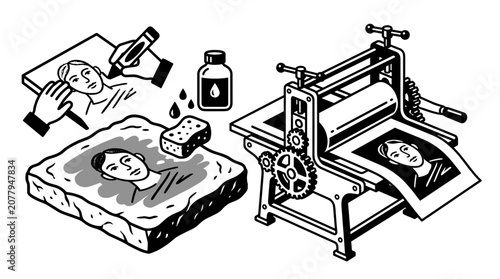 Artistic Printmaking Process with Printing Press and Materials.