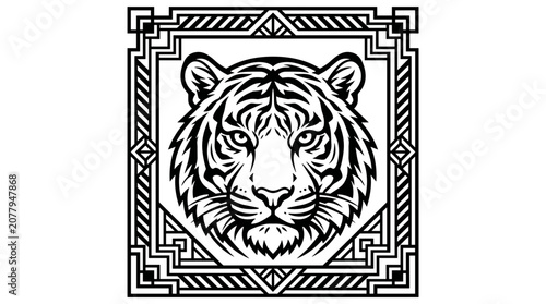 Artistic Tiger Head Illustration in Geometric Frame.