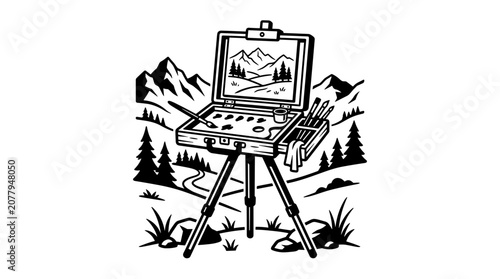 Artists portable easel set up for outdoor landscape painting.