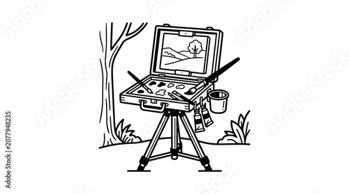 Artists portable easel with paints and brushes in outdoor setting.
