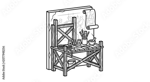 Artists Workbench with Supplies and Scroll.