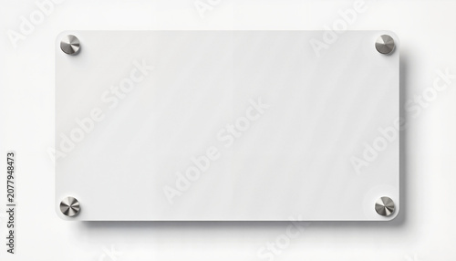Blank acrylic sign with metal corners for customizable display. White background offers clean surface for any message. Perfect blank canvas for signage, office spaces, or promotional materials.