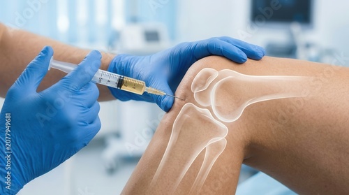Medical professional administering injection therapy for knee osteoarthritis and joint pain management.