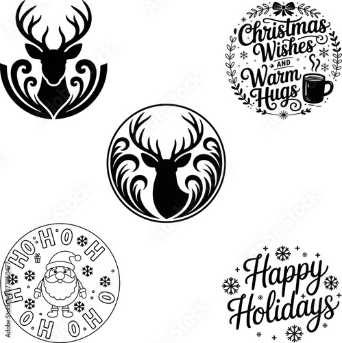 Reindeer and Santa Claus silhouettes with festive holiday greetings for winter celebrations Isolated on white background