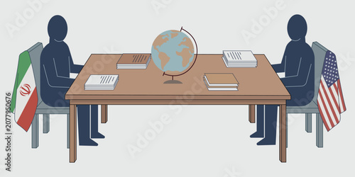 Bild auf Leinwand Diplomatic Negotiation Table: Silhouette figures of two representatives face each other at a desk with a world globe, exploring geopolitical discourse and international relations between nations