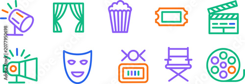 Εκτύπωση καμβά Cinema and movie industry vector icons featuring film reel, popcorn, ticket, dir