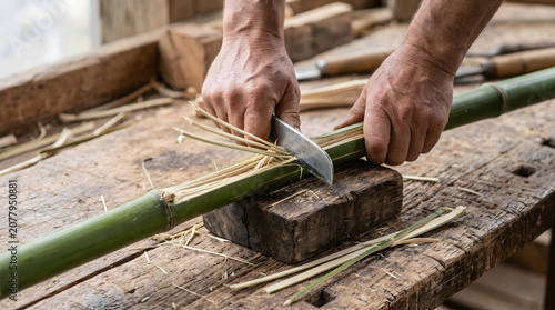 Craftsman Hands Splitting Green Bamboo Pole