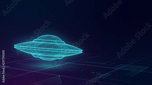 Wireframe glowing blue UFO flying saucer in a futuristic digital dark background.
