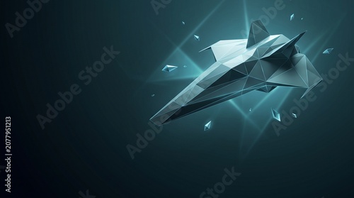 A futuristic, low-poly geometric spaceship glowing with ethereal light against a dark teal background, surrounded by abstract shards.