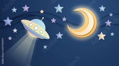 A whimsical paper-cut style illustration of a night sky with a glowing crescent moon, numerous stars, and a flying saucer emitting a light beam.