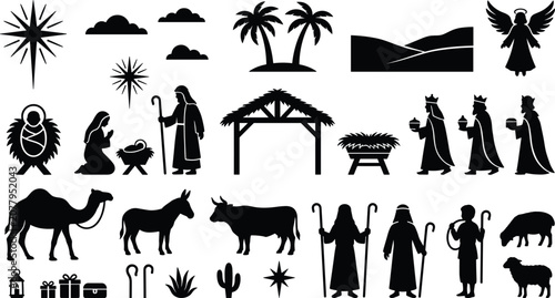 Schilderij op canvas Christmas Nativity Silhouette Set with Holy Family Manger Three Wise Men Shepher