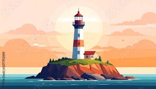 Golden hour lighthouse standing tall on rocky island.