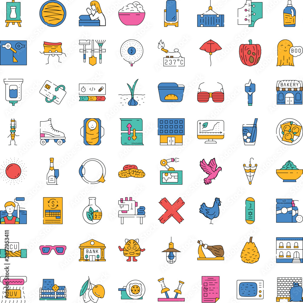 Fototapeta premium Large set of various business, technology, food, nature, and everyday object line art illustrations, depicting a spectrum of abstract and concrete ideas