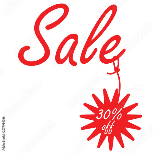 Sale promotion vector illustration red cursive lettering discount tag 30% off starburst modern advertising banner graphic design