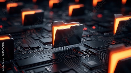 Structured data management concept with glowing orange folder icons on a microchip background.