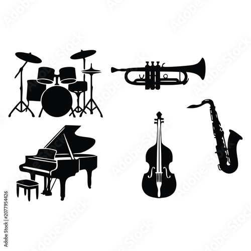 Musical Instruments Silhouette Vector Set With Grand Piano Drum Kit Trumpet Saxophone And Cello Icons Isolated On White Background