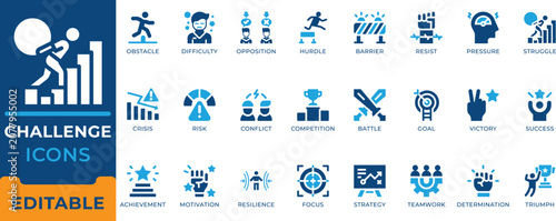 Photos Challenge Obstacle Difficulty Success Achievement Icon Set - editable vectors for business goal, corporate resilience, and teamwork motivation
