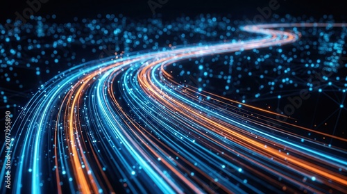 Dynamic curved road made of abstract light trails representing data flow and high speed.