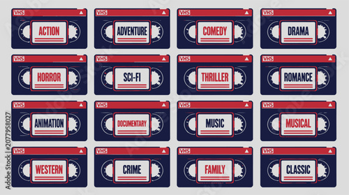 Collection of movie genres on VHS tapes.