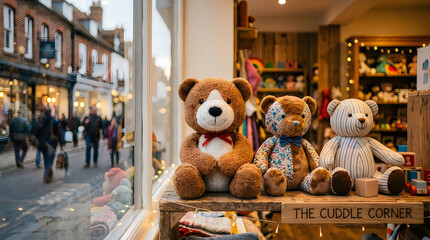 Teddy bears on a shop shelf by a city street