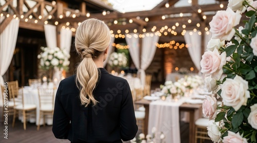 Event planner organizing a wedding venue with soft decor and floral arrangements.