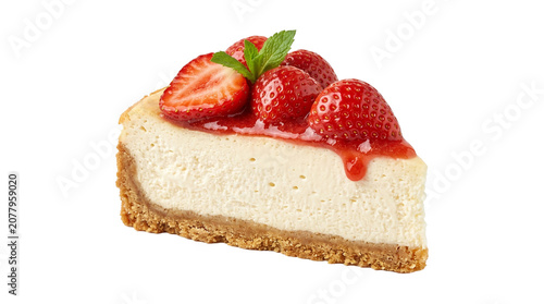 Schilderij op canvas Delicious slice of creamy strawberry cheesecake topped with fresh berries and green mint leaves isolated on transparent background png studio photo