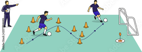 Quadro su tela Soccer drill illustration player maneuvering through cones with coach guidance