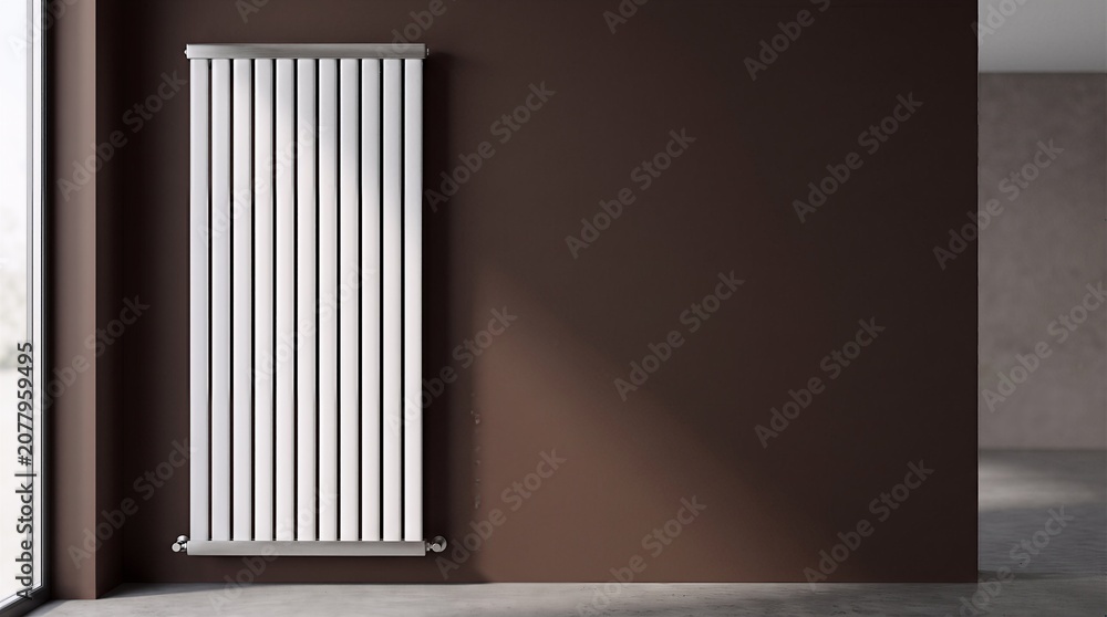 Fototapeta premium Minimalist white designer radiator on dark brown wall in modern apartment with interior design living space radiator interior minimalist architecture apartment