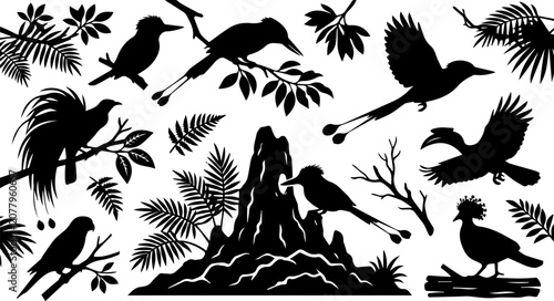 Bild auf Leinwand Tropical Bird and Botanical Fern Silhouette Set – Perching Bird, Branch, Nature
