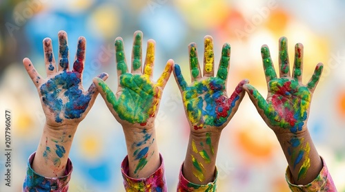 Hands of children covered in bright paint symbolizing community betterment and social impact.