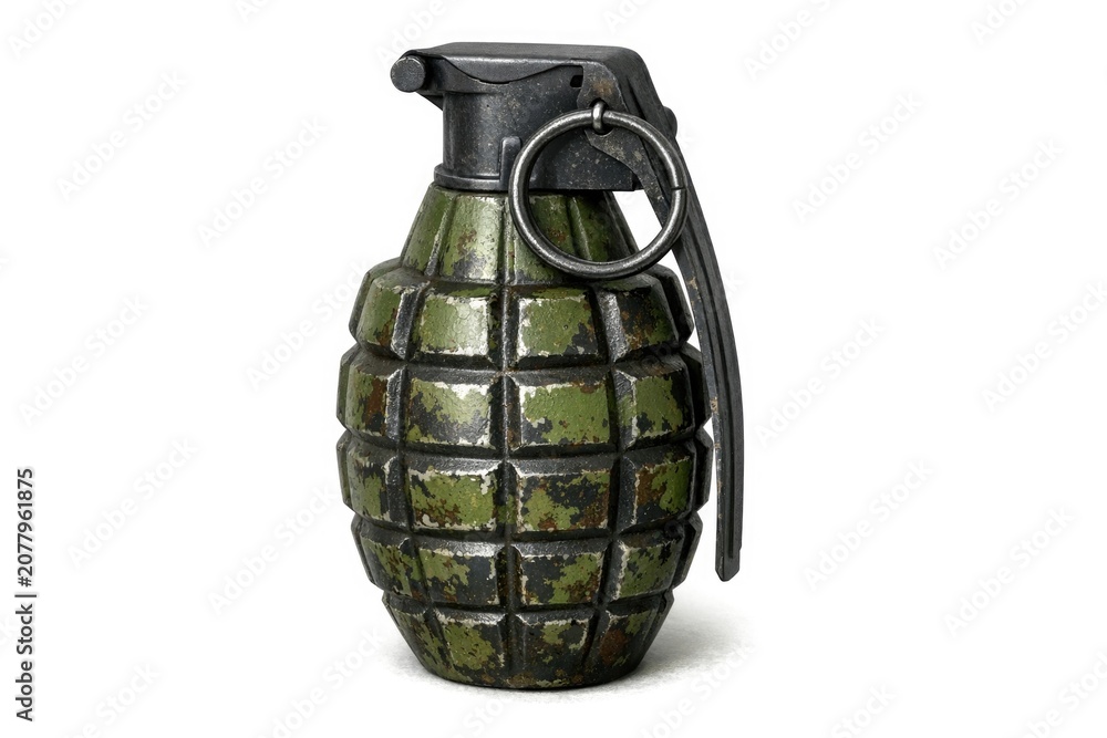 Fototapeta premium A green hand grenade on a plain white surface
