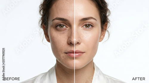 Split face portrait of woman with dull skin before and after skincare treatment
