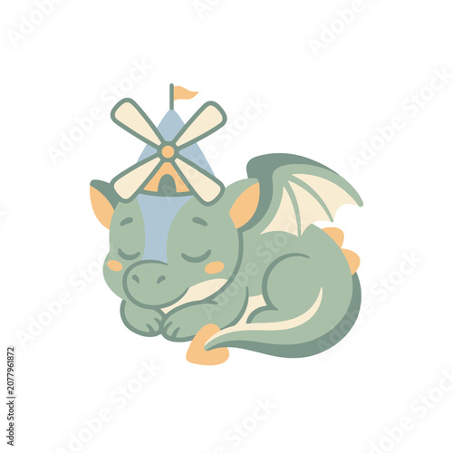 A cute green dragon sleeping with a small windmill on its head