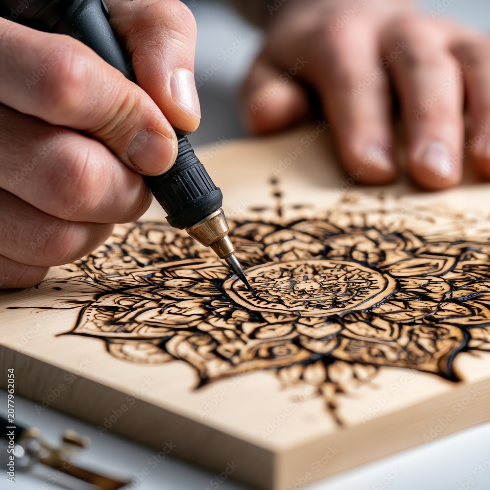 Fototapeta premium Detailed wood burning art in progress.
