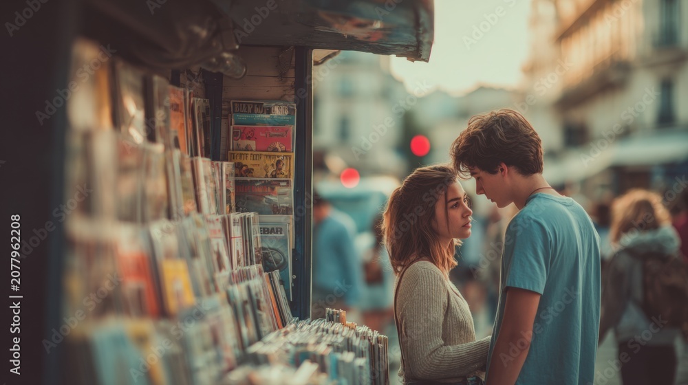 Obraz premium A young couple shares a tender moment of first love and youthful affection at an outdoor newsstand in a European city. This scene evokes feelings of romance, happiness, and genuine connection.