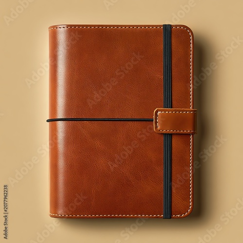 Niche Elegant brown leather notebook on a neutral backdrop.