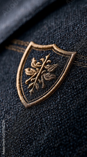 Elegant embroidered logo on fabric apparel.