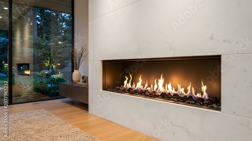 Modern fireplace with flame, Minimalist interior design