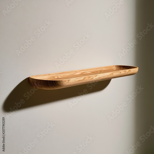 Niche Minimalist wooden shelf on a neutral wall.