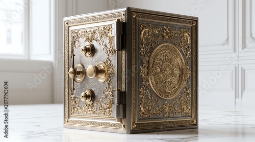Ornate vintage safe with intricate designs.
